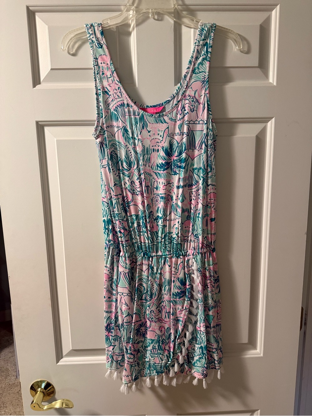 Tassel-Hem Tropical Print Tank Dress - Pink & Teal Jarrett Romper Small